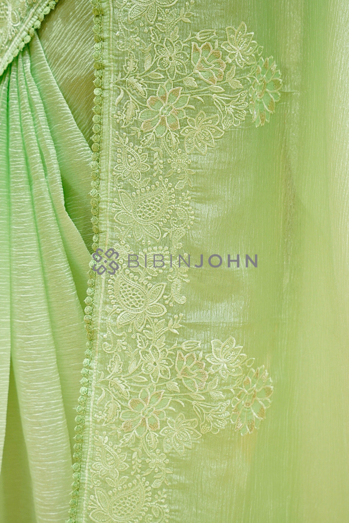 Tissue Organza Embroidery Saree For Women Pastel Mint Green  side view
