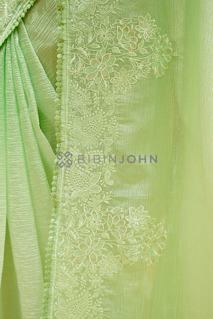 Tissue Organza Embroidery Saree For Women Pastel Mint Green  side view