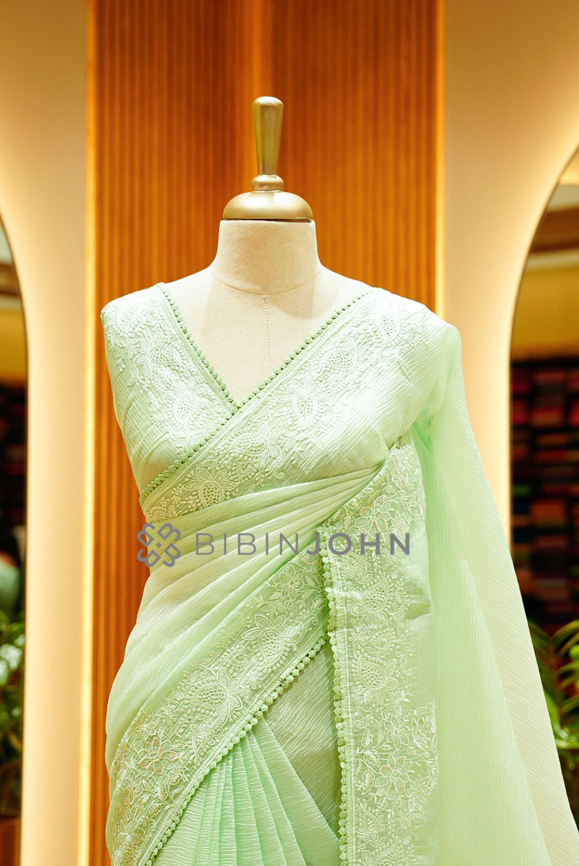 Tissue Organza Embroidery Saree For Women Pastel Mint Green close view