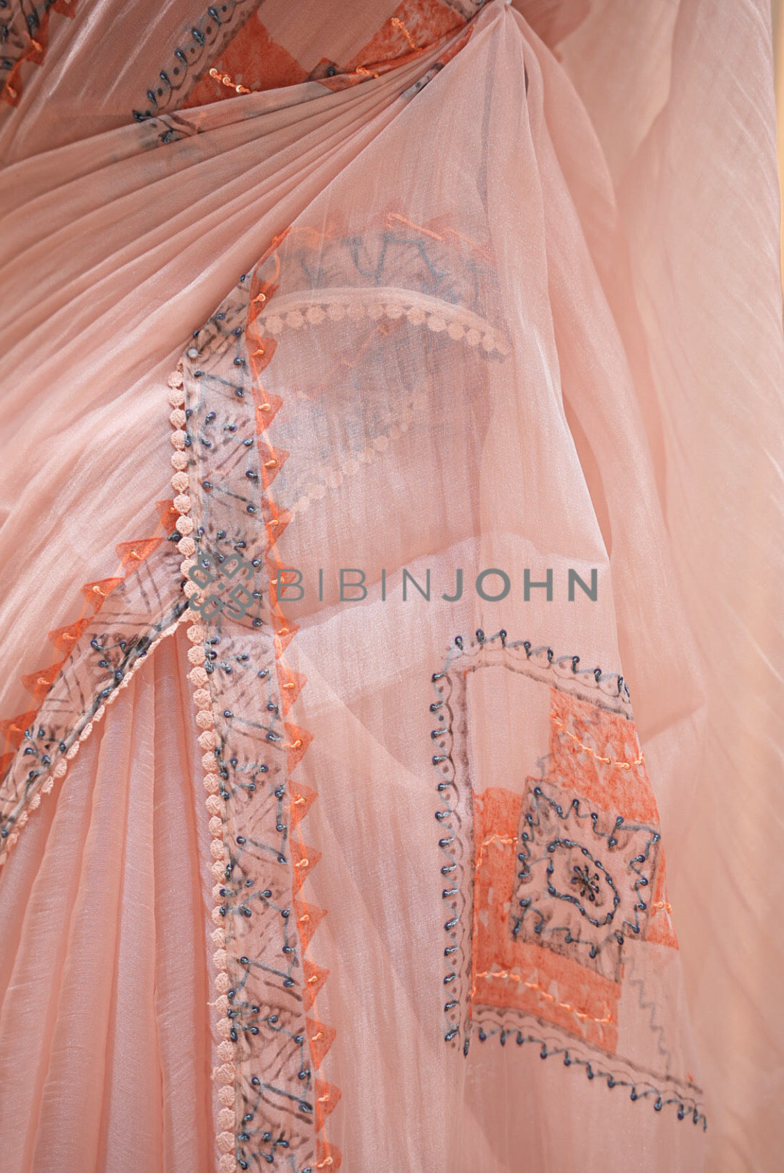 Tissue Organza Embroidery Saree For Women Blush Peach SIDE VIEW.