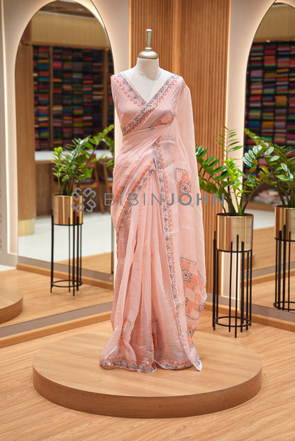 Tissue Organza Embroidery Saree For Women Blush Peach