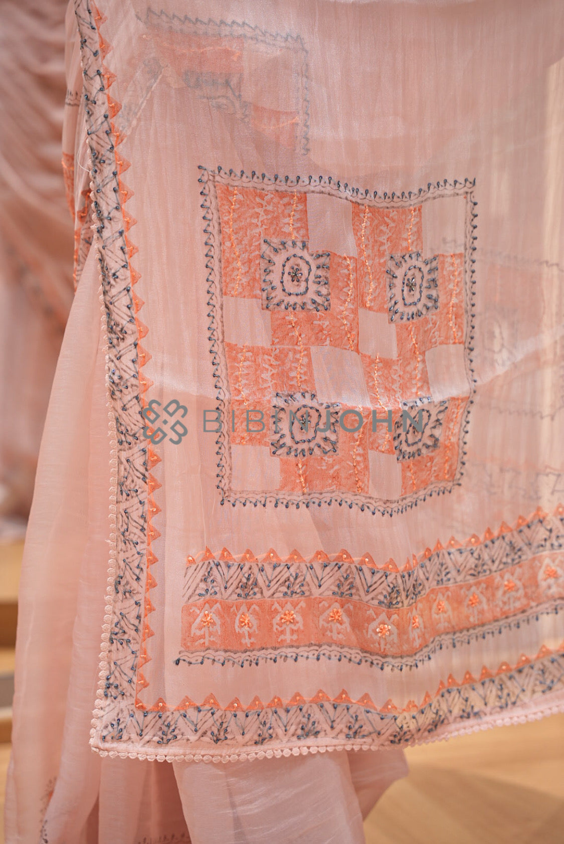 Tissue Organza Embroidery Saree For Women Blush Peach PALLU