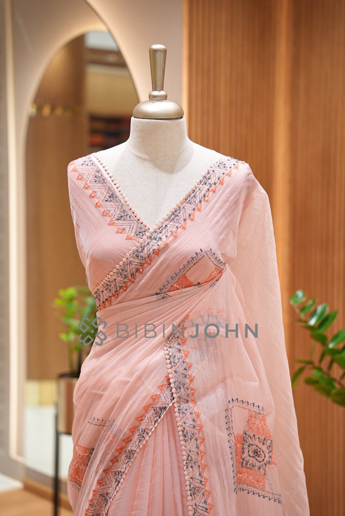 Tissue Organza Embroidery Saree For Women Blush Peach CLOSE VIEW