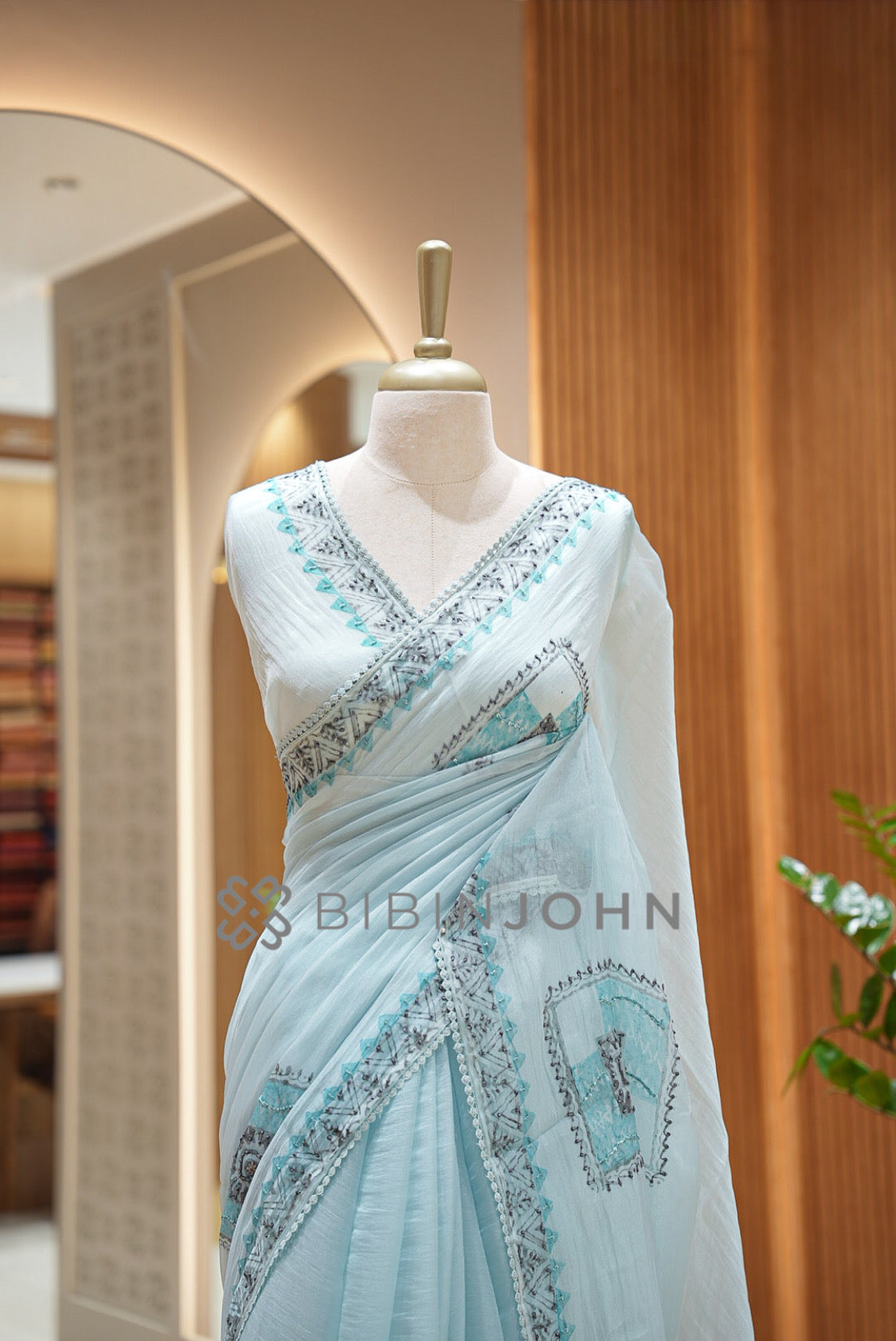 Tissue Organza Embroidery Saree For Women Powder Blue CLOSE VIEW