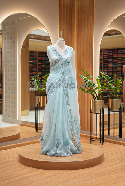 Tissue Organza Embroidery Saree For Women Powder Blue