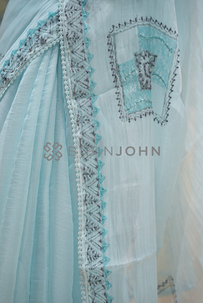 Tissue Organza Embroidery Saree For Women Powder Blue SIDE VIEW.