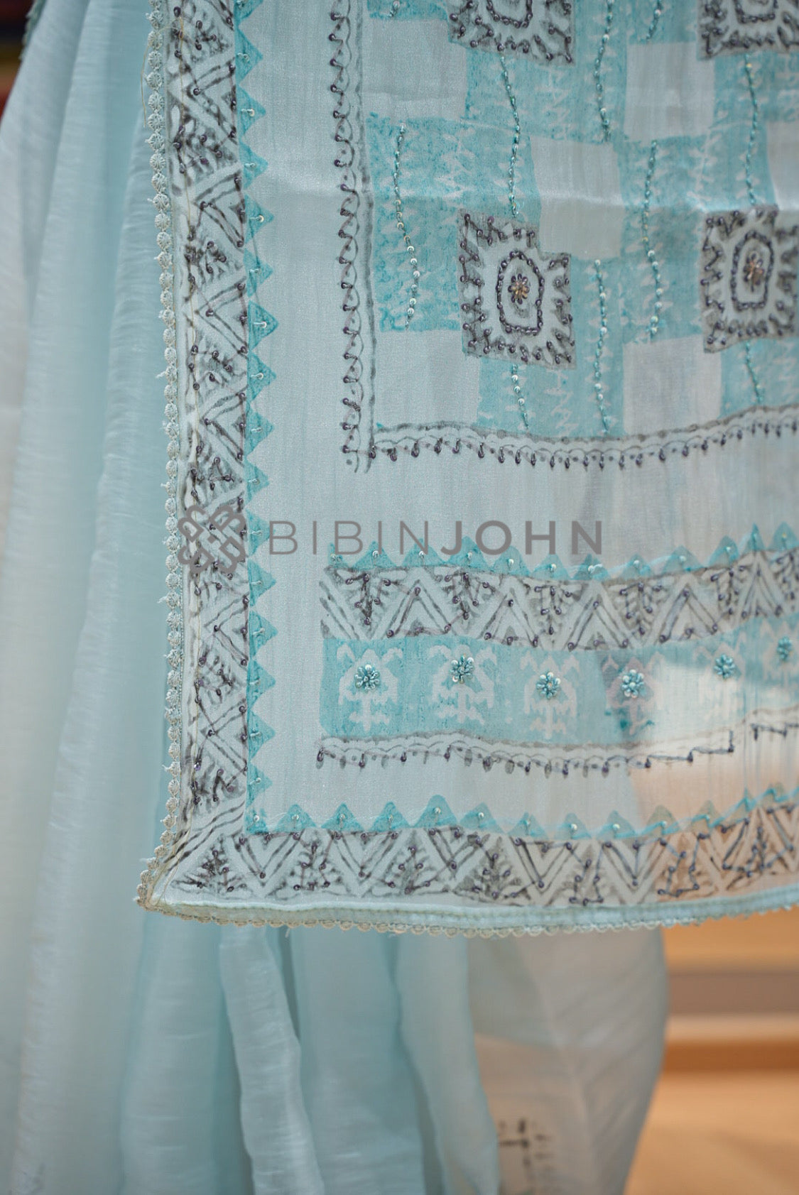 Tissue Organza Embroidery Saree For Women Powder Blue PALLU.