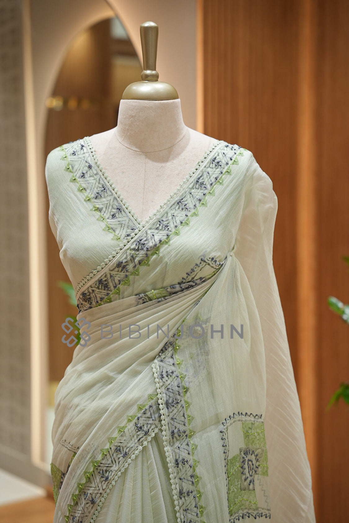 Tissue Organza Embroidery Saree For Women Pistachio Mint  CLOSE VIEW