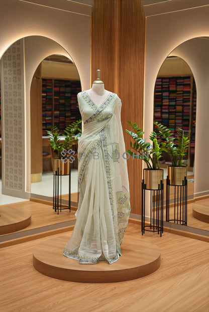 Tissue Organza Embroidery Saree For Women Pistachio Mint  
