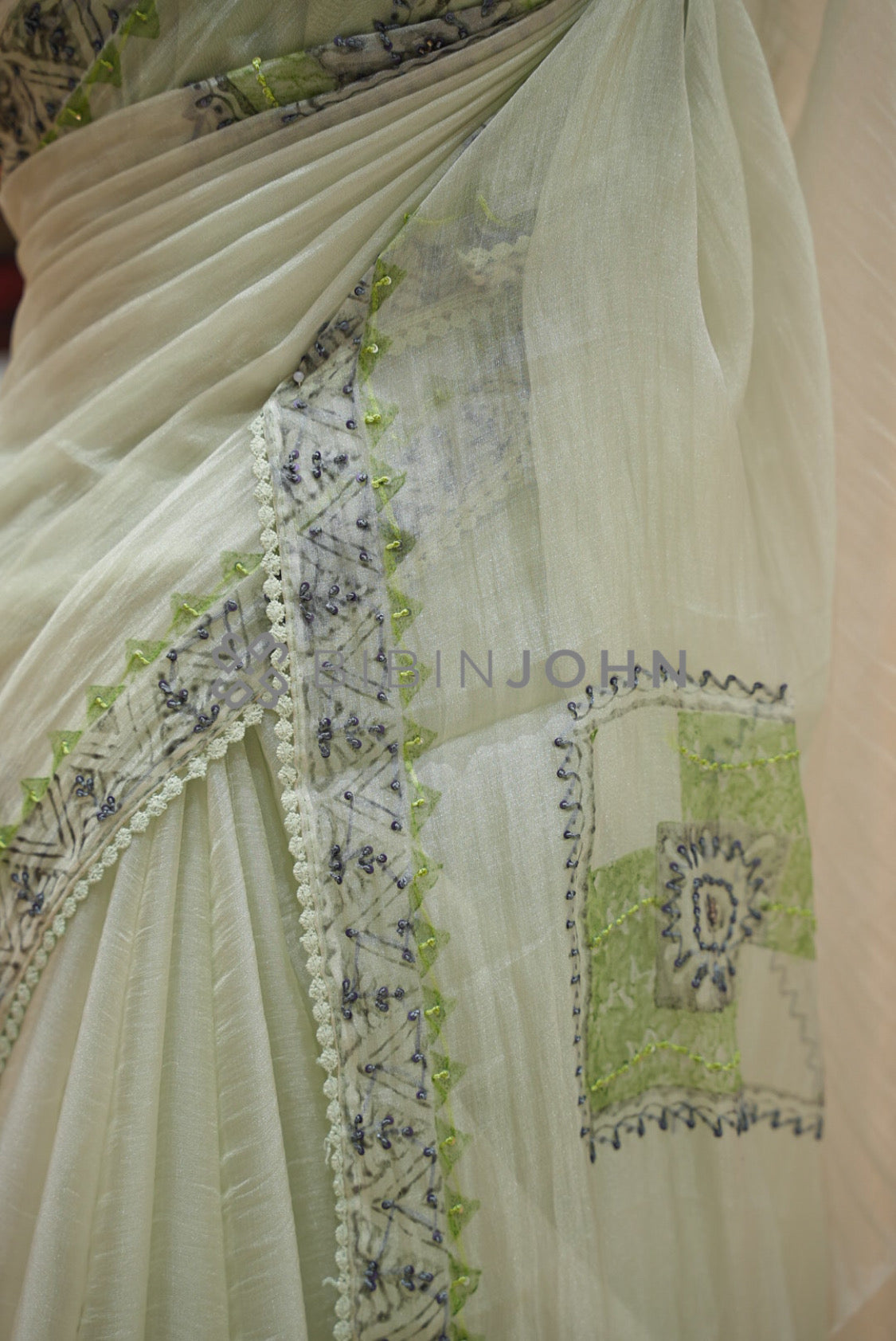 Tissue Organza Embroidery Saree For Women Pistachio Mint  SIDE VIEW