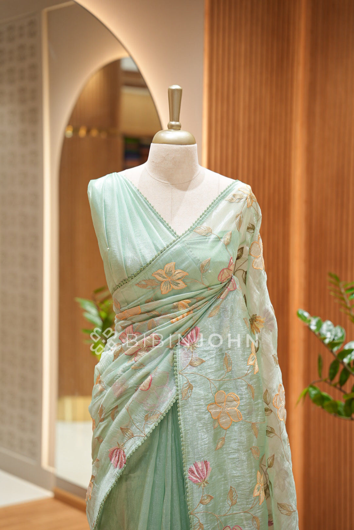 Tissue Organza Embroidery Saree For Women Mint Green  CLOSE VIEW