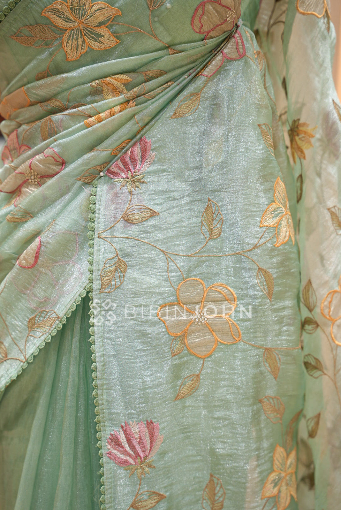 Tissue Organza Embroidery Saree For Women Mint Green  SIDE VIEW