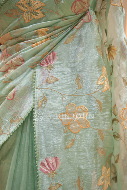 Tissue Organza Embroidery Saree For Women Mint Green  SIDE VIEW