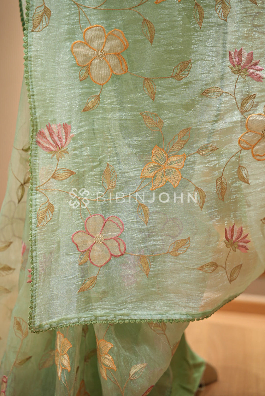 Tissue Organza Embroidery Saree For Women Mint Green  PALLU