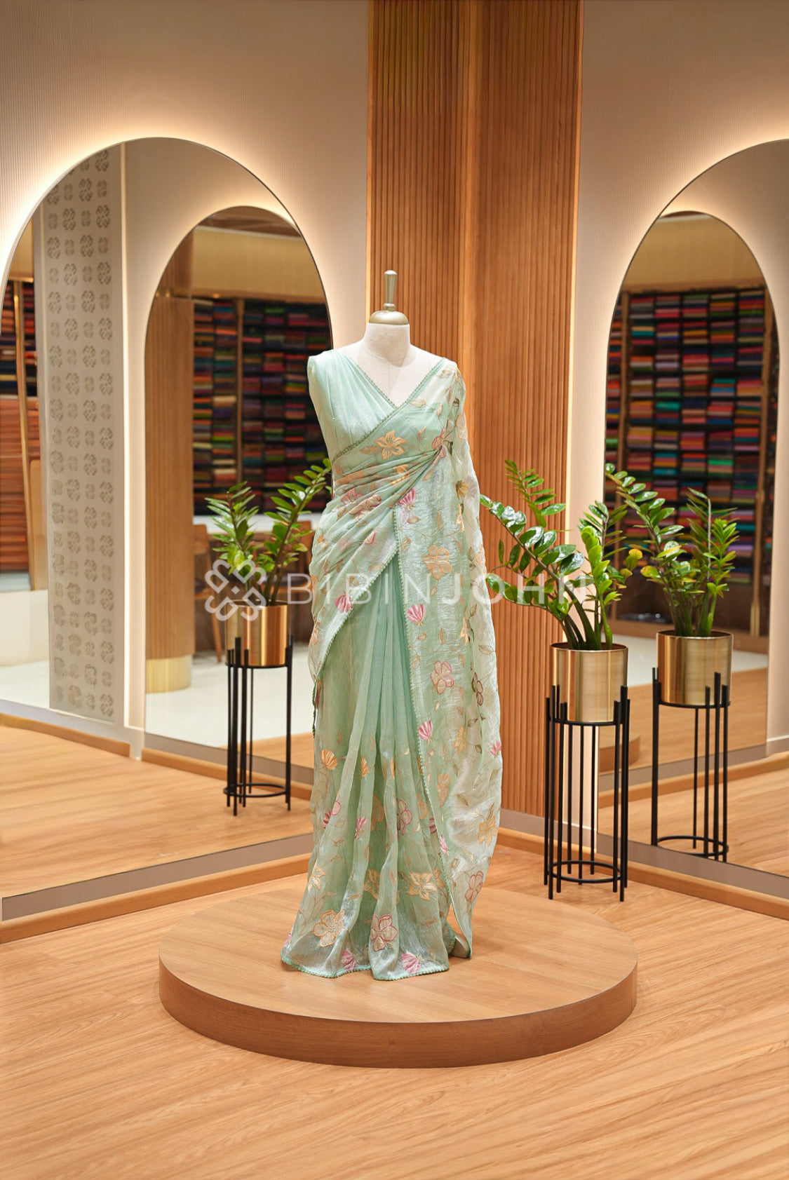 Tissue Organza Embroidery Saree For Women Mint Green 