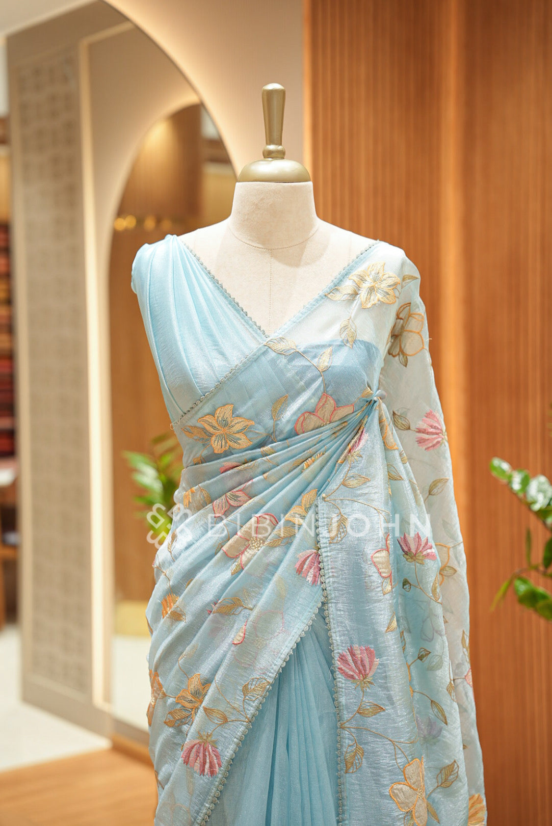 Tissue Organza Saree For Women Powder Blue CLOSE VIEW