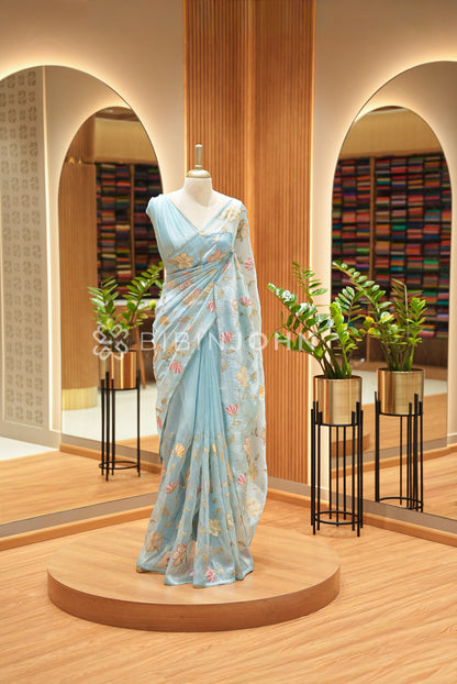 Tissue Organza Saree For Women Powder Blue