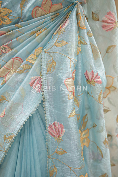 Tissue Organza Saree For Women Powder Blue SIDE VIEW