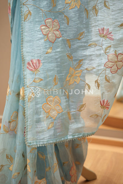 Tissue Organza Saree For Women Powder Blue PALLU