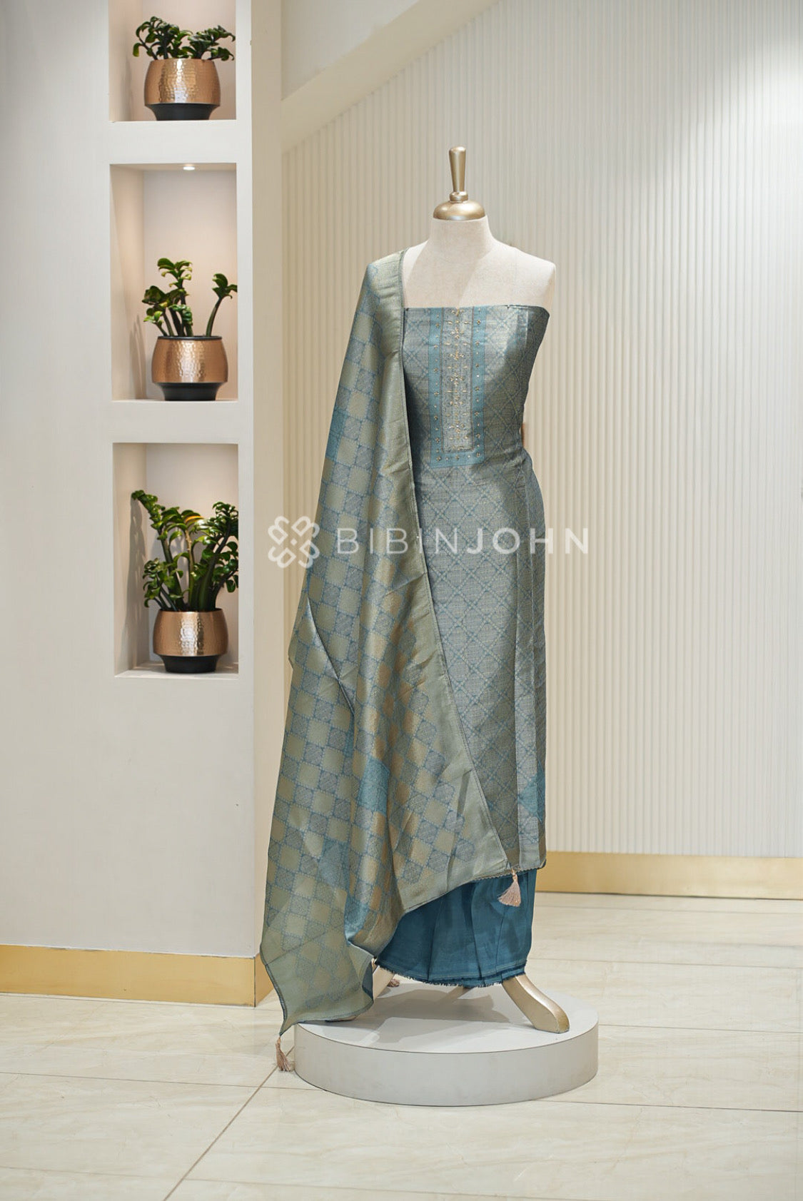 Tissue Embroidery Unstitched Salwar Suit Material Dusty Teal