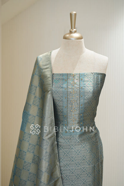 Tissue Embroidery Unstitched Salwar Suit Material Dusty Teal CLOSE VIEW