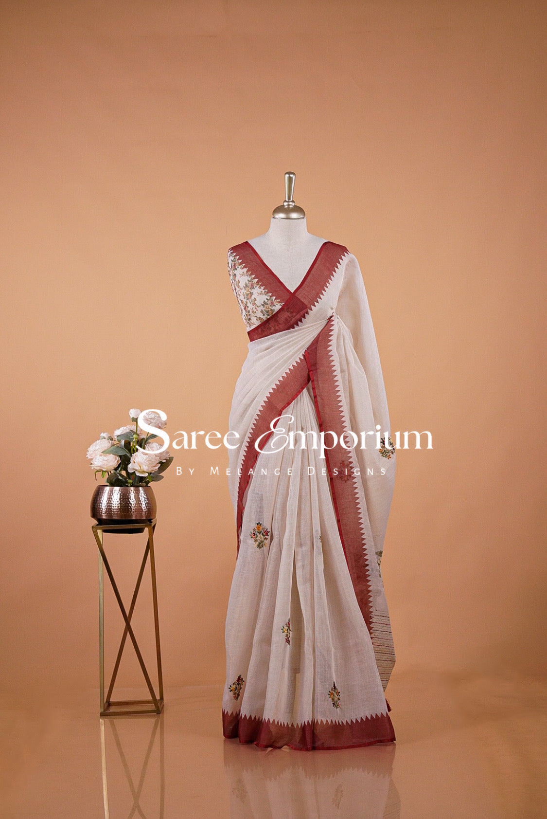 Tissue Linen Embroidery Saree For Women Off-White.