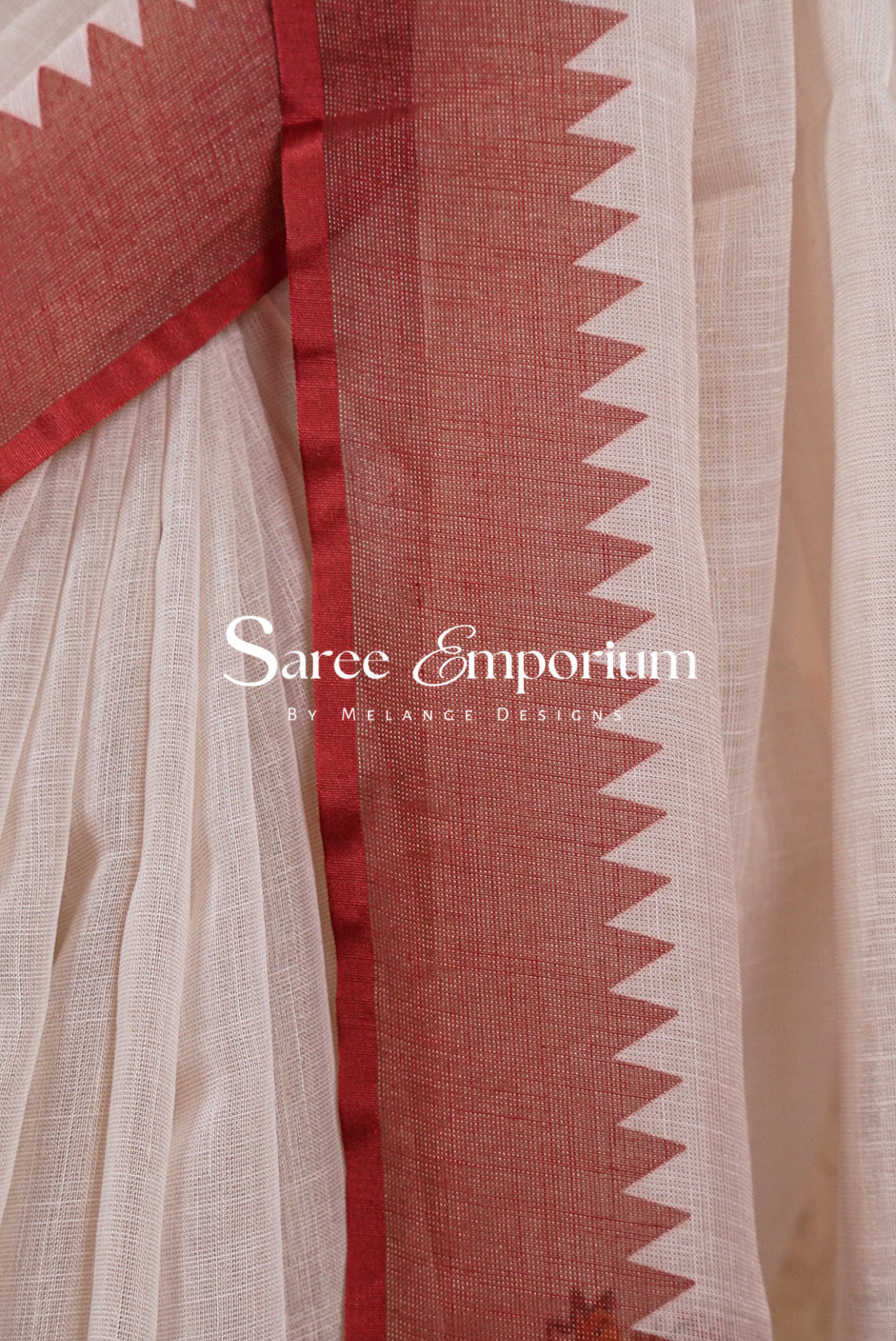 Tissue Linen Embroidery Saree For Women Off-White Side View.