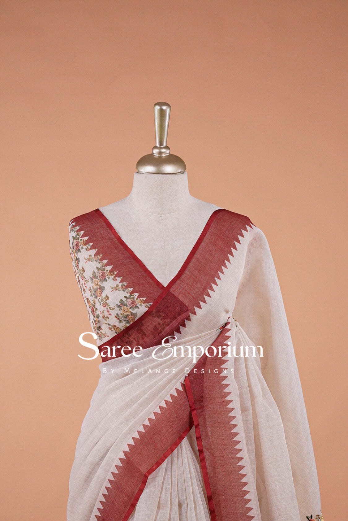 Tissue Linen Embroidery Saree For Women Off-White Close View.