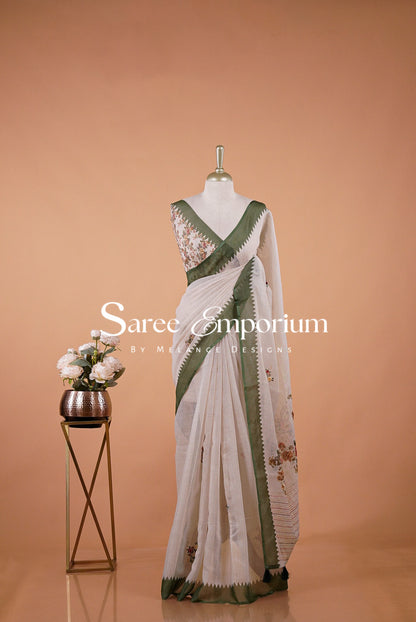 Tissue Linen Embroidery Saree For Women Off-White .