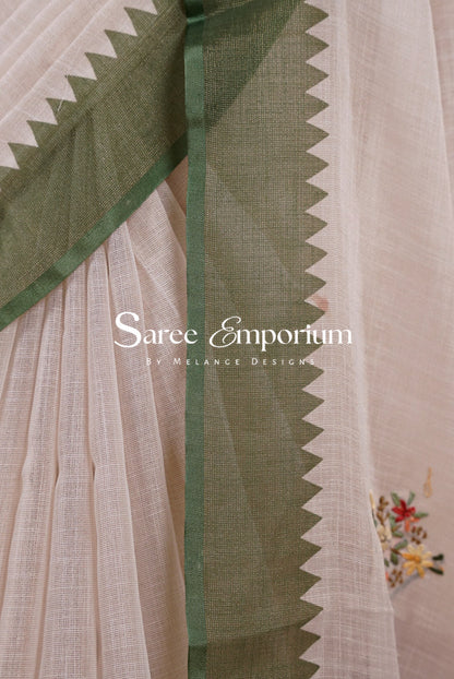 Tissue Linen Embroidery Saree For Women Off-White Side View.