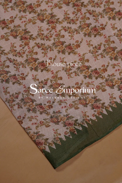 Tissue Linen Embroidery Saree For Women Off-White  Blouse Piece.