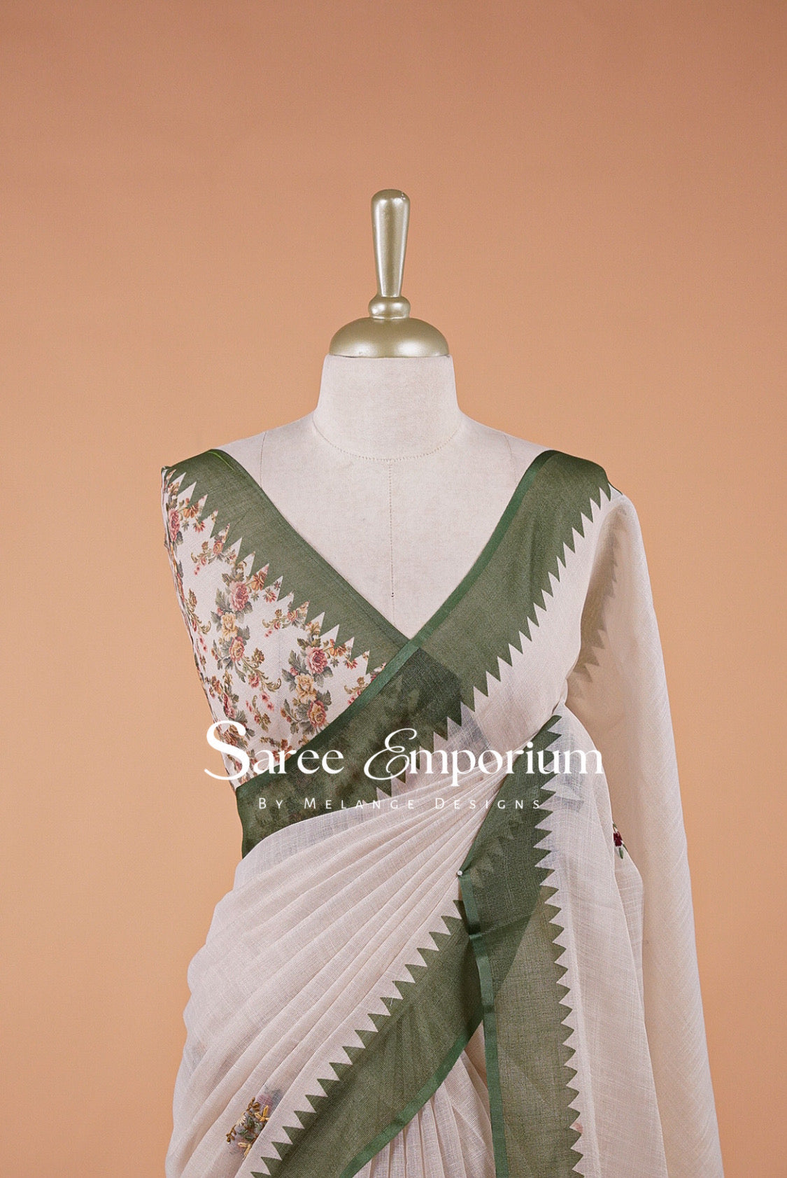 Tissue Linen Embroidery Saree For Women Off-White  Close View.