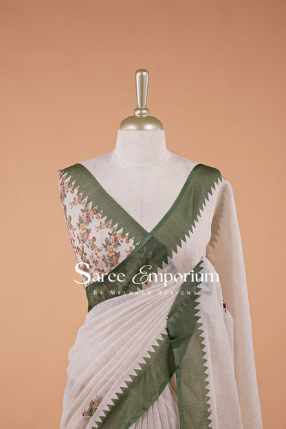 Tissue Linen Embroidery Saree For Women Off-White  Close View.