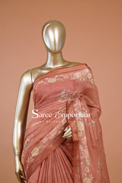Tissue Linen Embroidery Saree For Women MDS0298