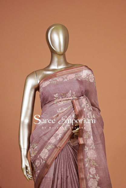 Tissue Linen Embroidery Saree For Women MDS0299
