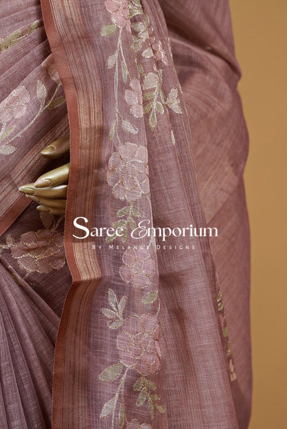 Tissue Linen Embroidery Saree For Women MDS0299