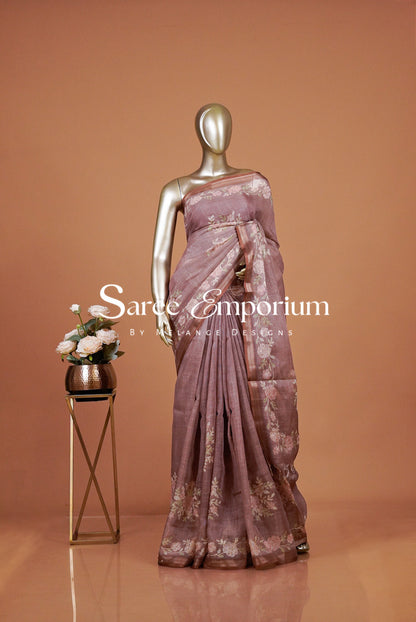 Tissue Linen Embroidery Saree For Women MDS0299