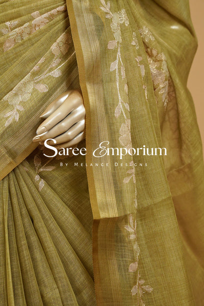 Tissue Linen Embroidery Saree For Women MDS0300