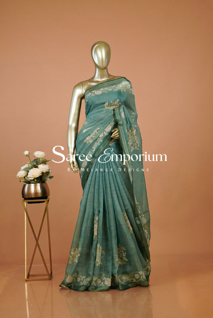 Tissue Linen Embroidery Saree For Women MDS0301