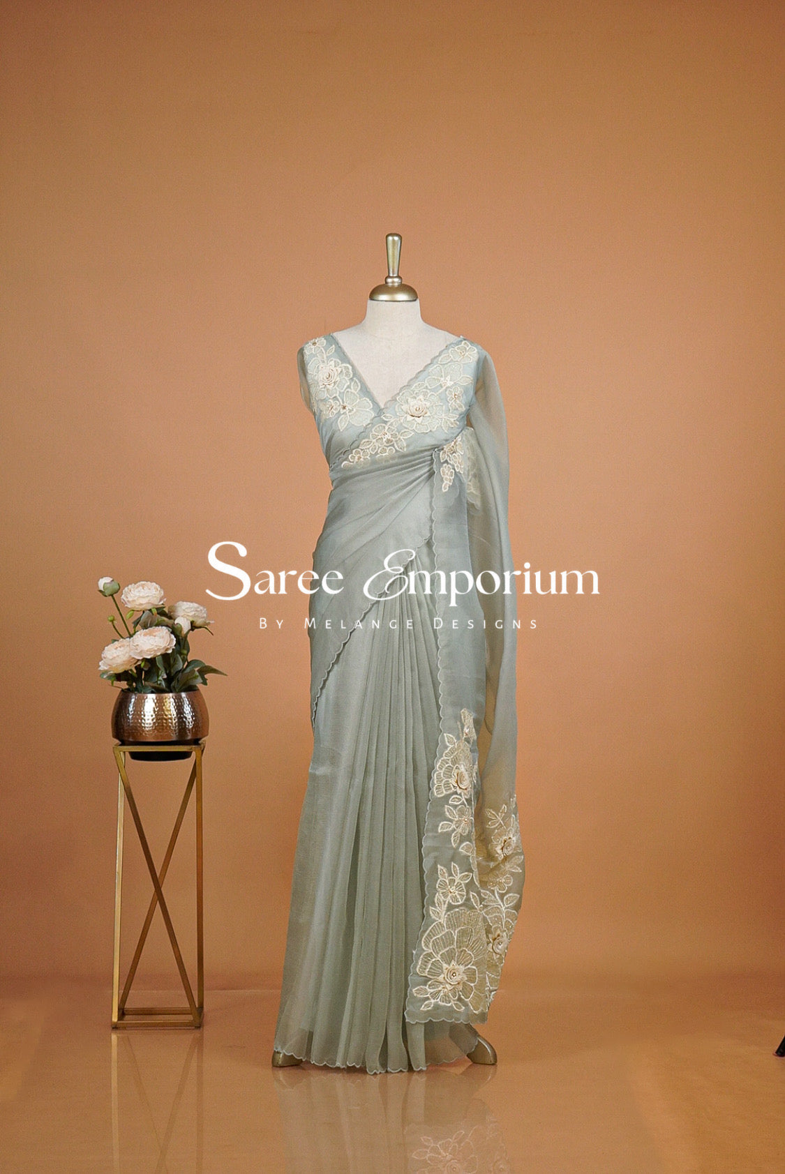 Tissue Organza Applique Saree For Women Mist Green
