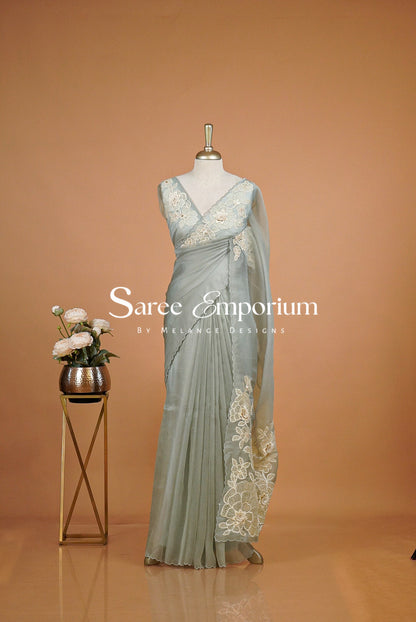 Tissue Organza Applique Saree For Women Mist Green
