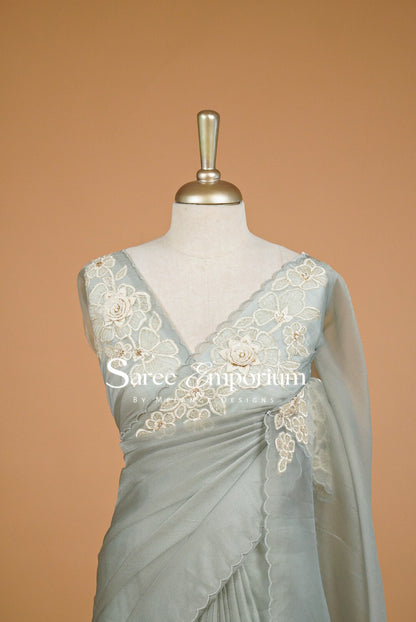Tissue Organza Applique Saree For Women Mist Green Close Up.