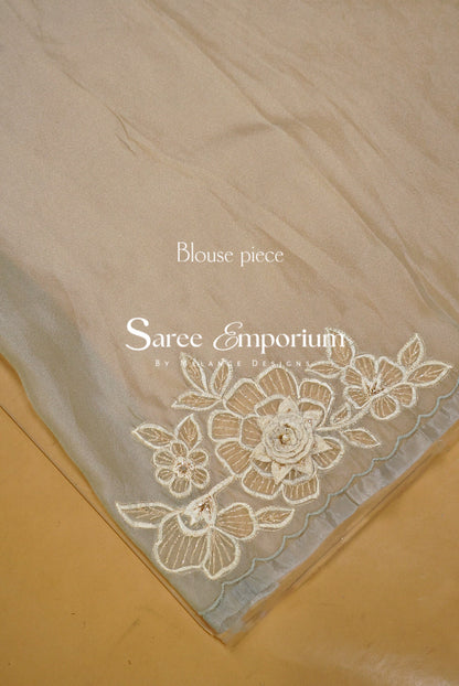 Tissue Organza Applique Saree For Women Mist Green Blouse Piece.