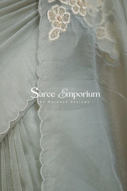 Tissue Organza Applique Saree For Women Mist Green Side View.