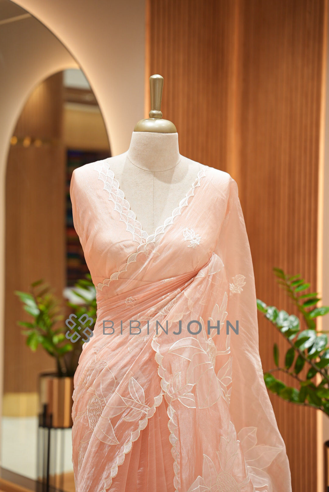 Tissue Organza Applique Saree For Women Blush Peach close view