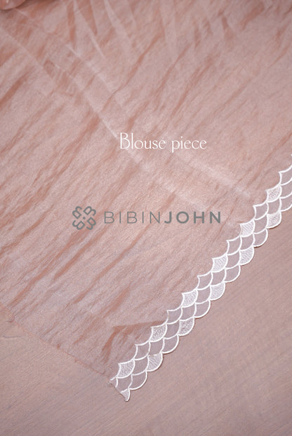 Tissue Organza Applique Saree For Women Blush Peach blouse piece