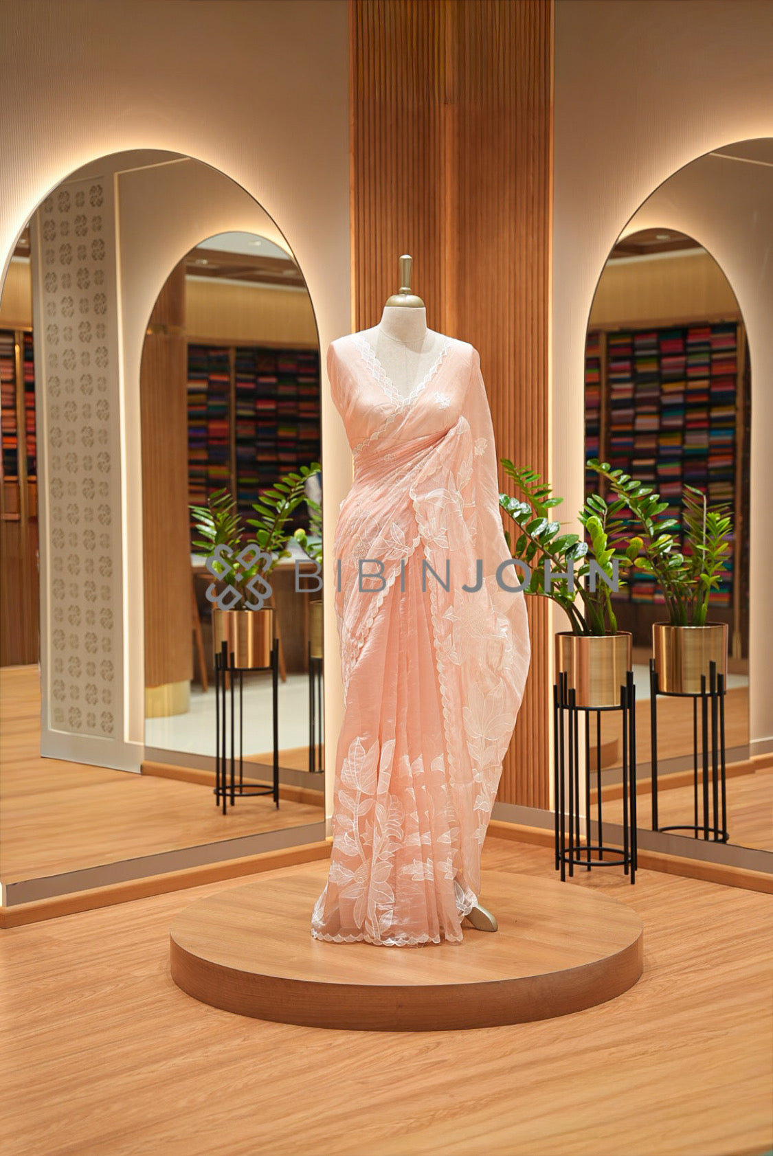 Tissue Organza Applique Saree For Women Blush Peach