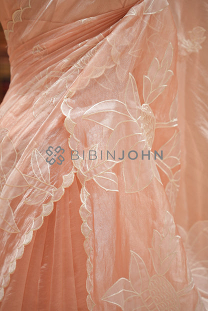 Tissue Organza Applique Saree For Women Blush Peach side view