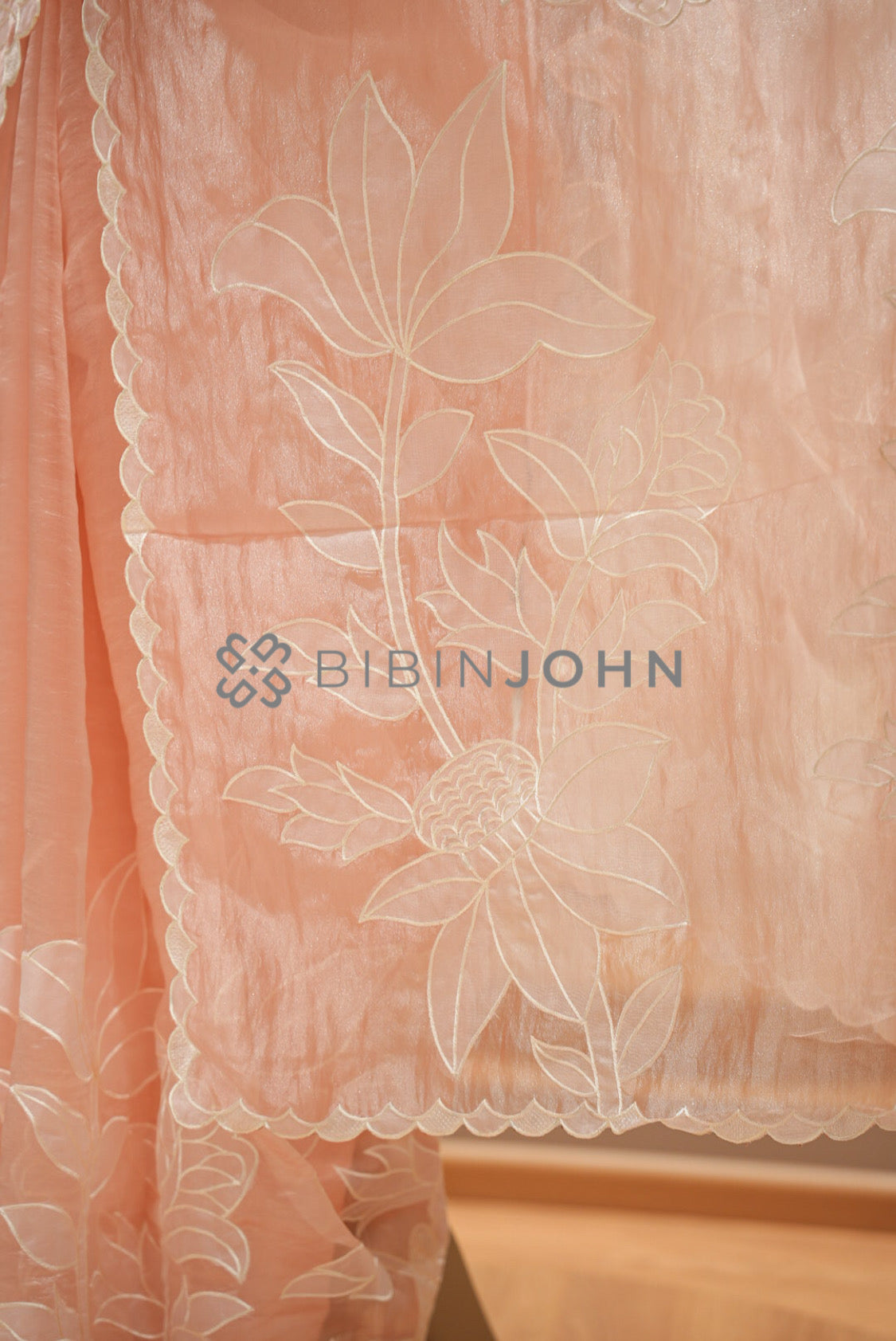 Tissue Organza Applique Saree For Women Blush Peach pallu