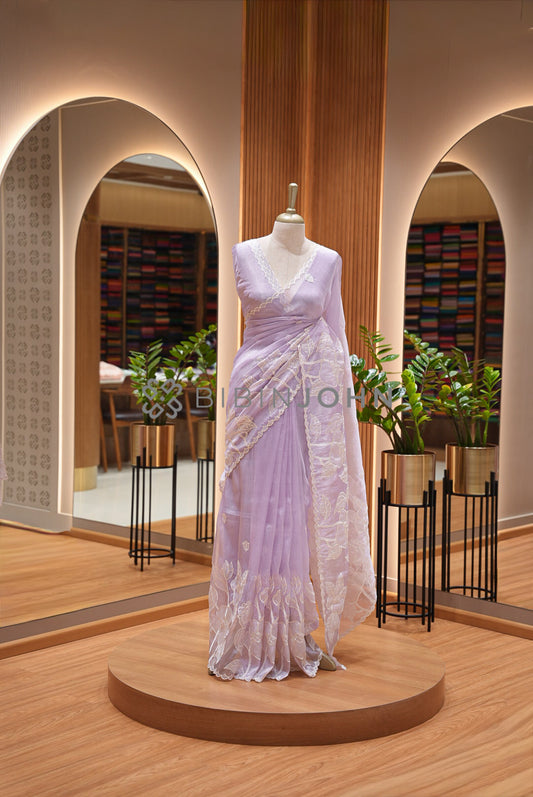 Tissue Organza Embroidery Saree For Women Dusty Lavender